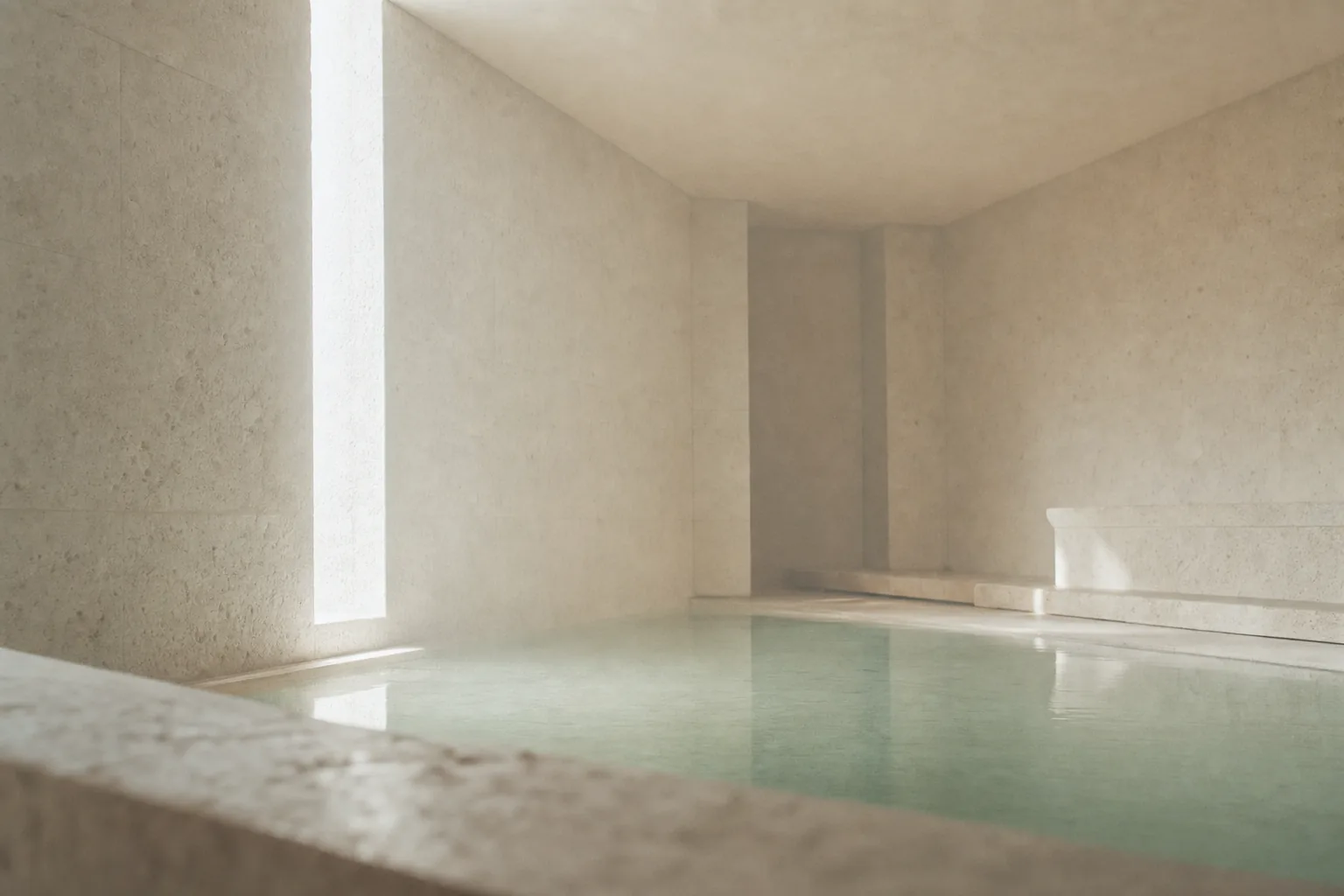 Le bassin chaud au repos, dans une salle de pierre claire éclairée par une fente de jour.