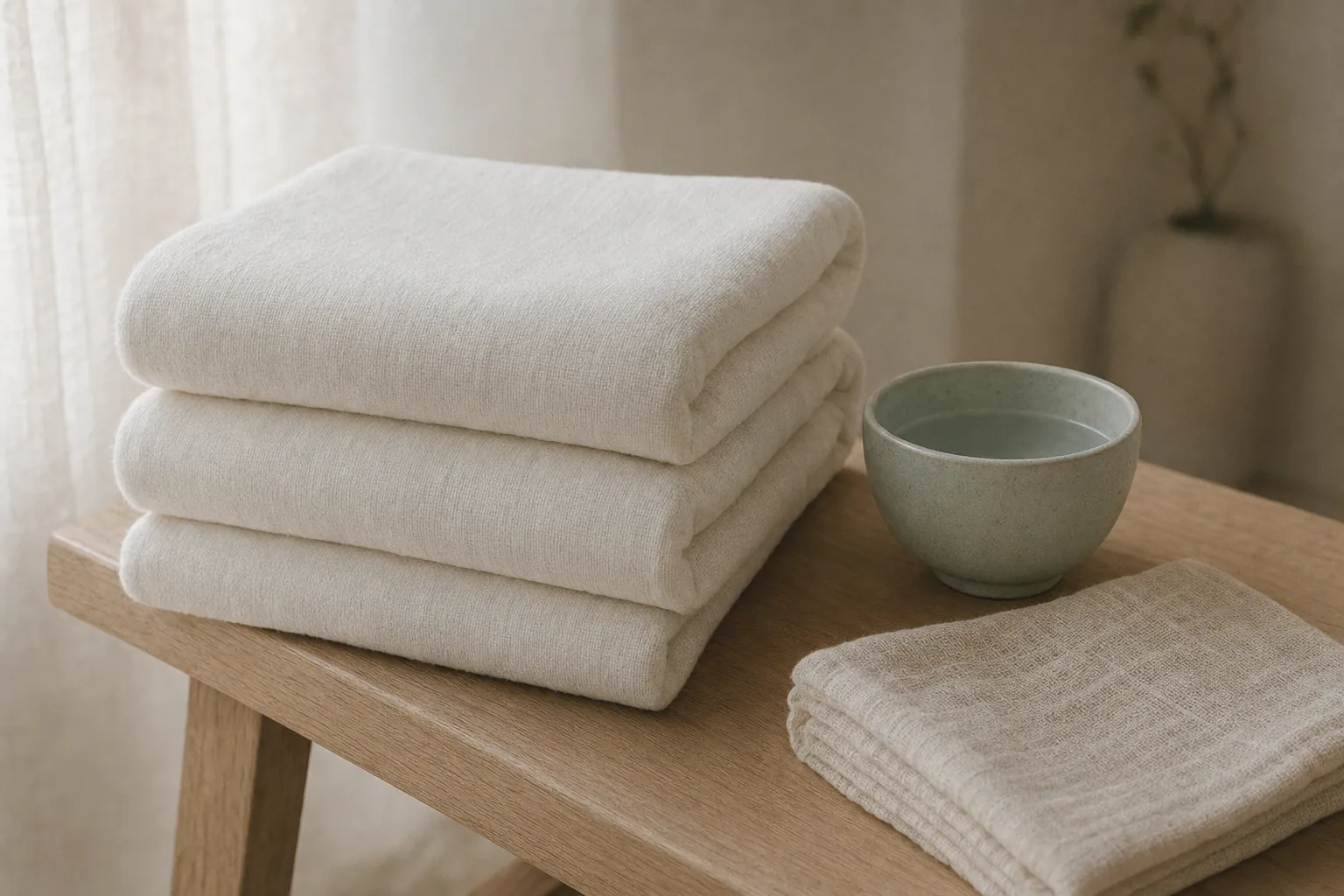 Draps de bain en lin pliés sur un banc de bois clair.
